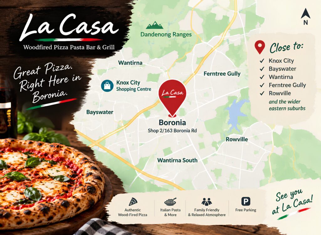 Wood-fired pizza at La Casa Boronia near Knox City, Bayswater and Wantirna VIC